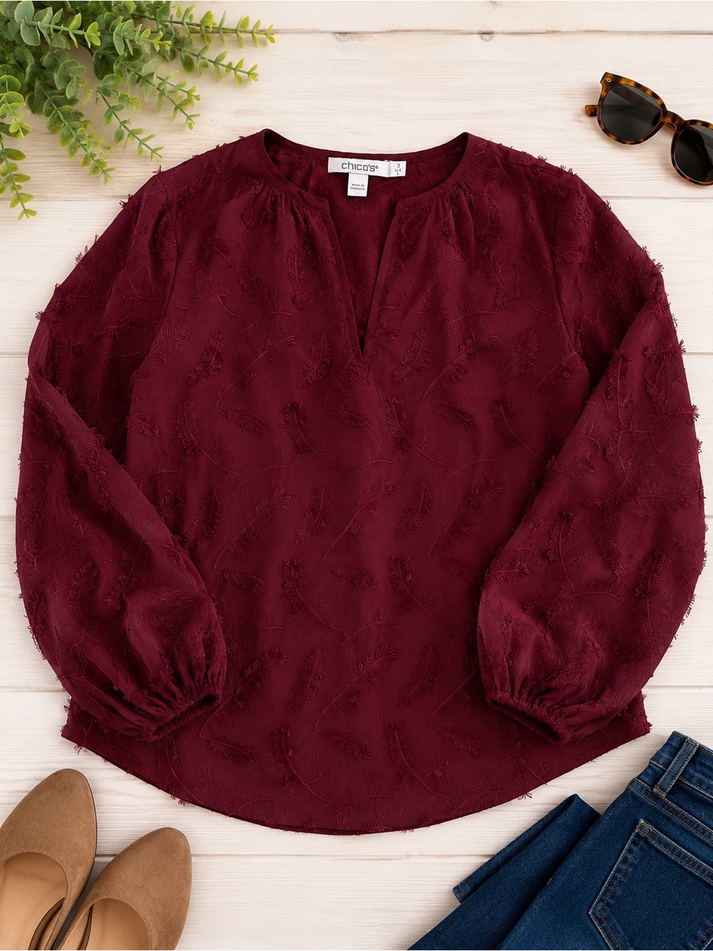 Chico’s Burgundy Wine Textured Feather Blouse | Size Large